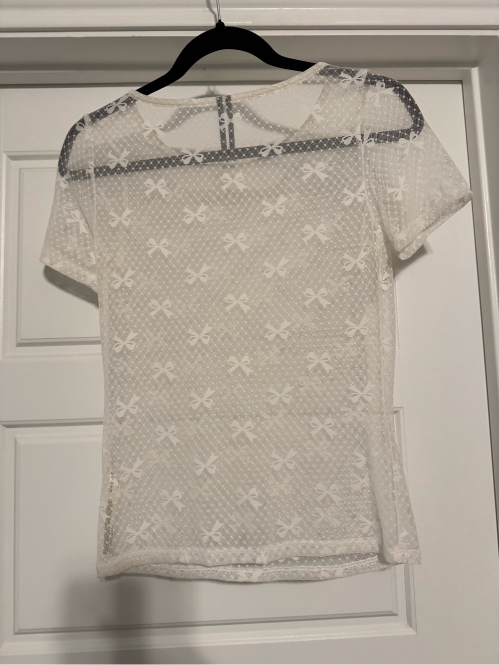 Anthropologie White Sheer Bow-Print Short Sleeve Top